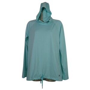 Under Armour Heat Gear Blue Long Sleeve Hooded Top Loose Fit Women Size S FLAW